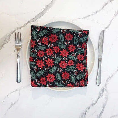 Poinsettia on Black Napkin Set